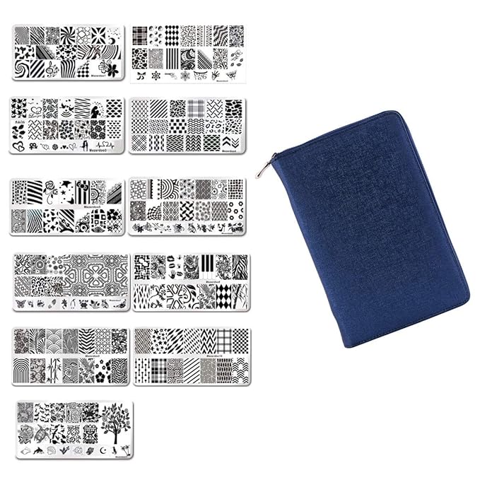 Mezerdoo 12pcs/lot 120 Slots PU Leather Nail Art Stamping Image Plate Case and 11Pcs Nail Art Templates Plates Manicure Nails Stencils (Mezerdoo1-11 + 1 blue case)