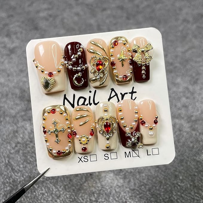 Handmade Press on Nails Medium Square Fake Nails White French Tip with 3D Rhinestone & Heart Designs Luxury Pearl Charm False Nail Full Cover Thickened Acrylic Nails for Women (Size M）