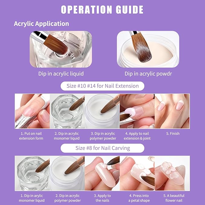 8FL.OZ EMA Monomer Acrylic Nail Liquid with 3 Acrylic Brushes (8/10/14) for Nail Extensions & Carving, MMA-Free, Non-Yellowing, Ideal for DIY & Professional Salon Use