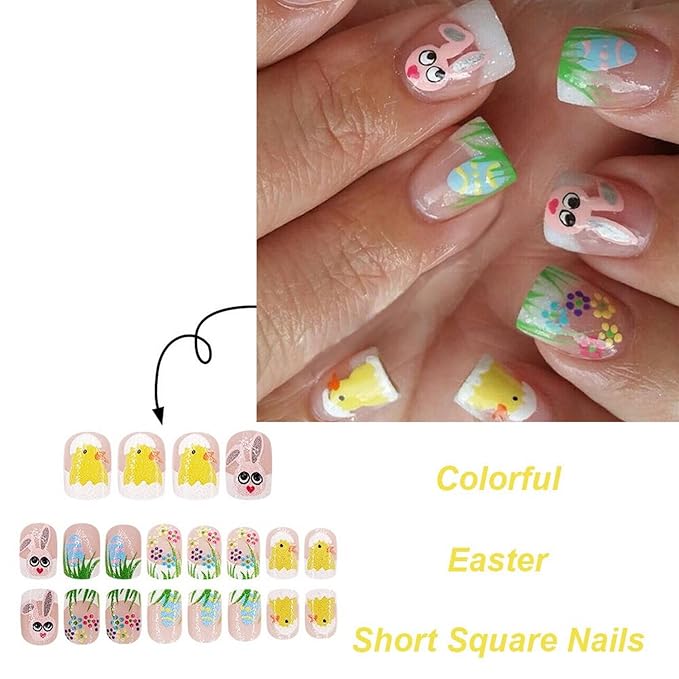 Easter Eggs Hatching Chick Fake Nails Colorful Flower Acrylic Nails Short Square French Tip Easter Press on Nails Cute Bunny False Nails with Design Full Cover Stick on Nails for Women Nail Art
