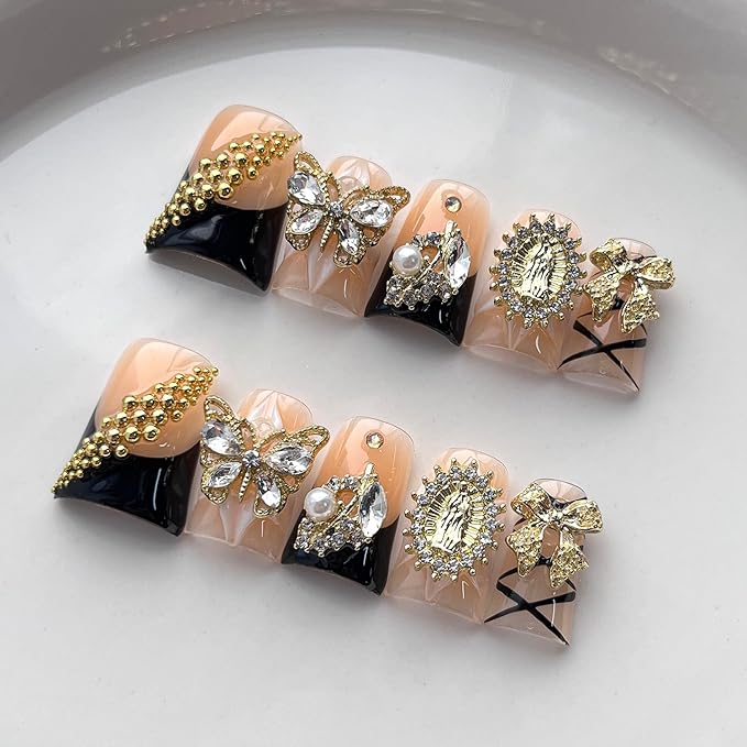 French Tip Press on Nails Handmade Short Duck 3D Flower Thick Acrylic Nails Black False Nails with Bow Rhinestones Butterfly Designs Elegant Glossy Fake Nail Sturdy Art Press on Nail 10Pcs(S)