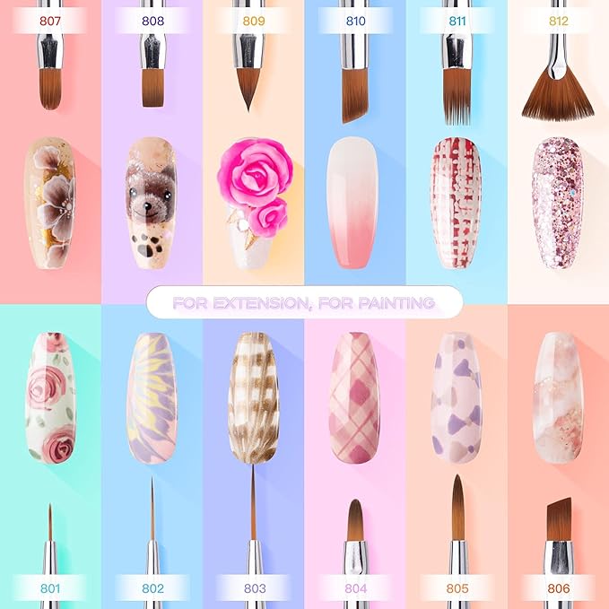 Gellen Nail Brushes for Nail Art 12Pcs - Nail Art Brushes Set Professional Acrylic & Gel Nail Brush Kit for Nail Art Design, Liner, Oval, Filbert, Fan, French Tip Nail Art Salon & Home DIY