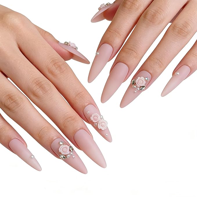24PCS Long Stiletto Press On Nails-Matte Nude Pink Fake Nails with 3D Resin Rose Flower & Pwarl Acctents, Reusable Artifical Nail Tips for Women,Perfect for Wedding,Prom&Romantic Occasions