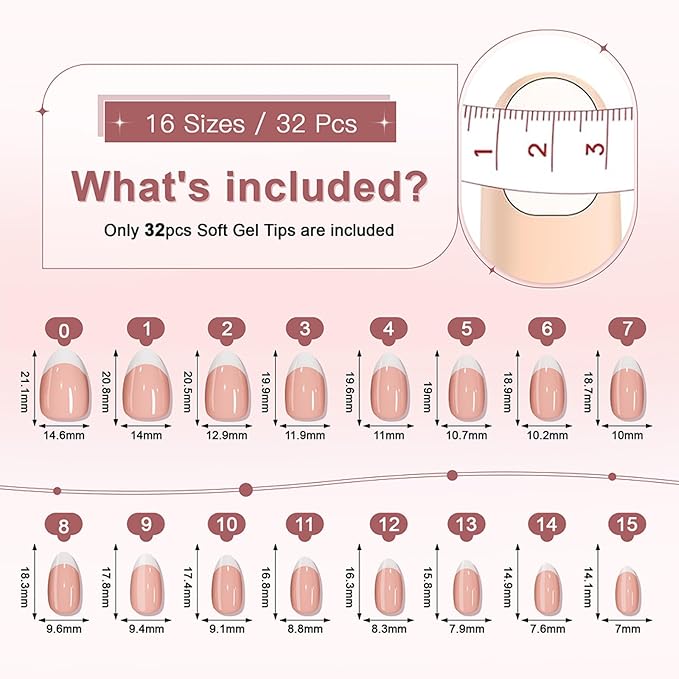 RTKHFZE Press on Nails - Short Almond French Tip Fake Nails with Gold Foil, Soft Gel Glue, Fit Perfectly (Reusable) in 16 Sizes - 32 Pcs Kit