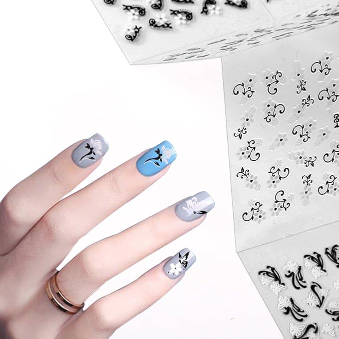 ALLYDREW 24 Sheets Black & White Flowers with Rhinestones Nail Stickers Set Nail Art