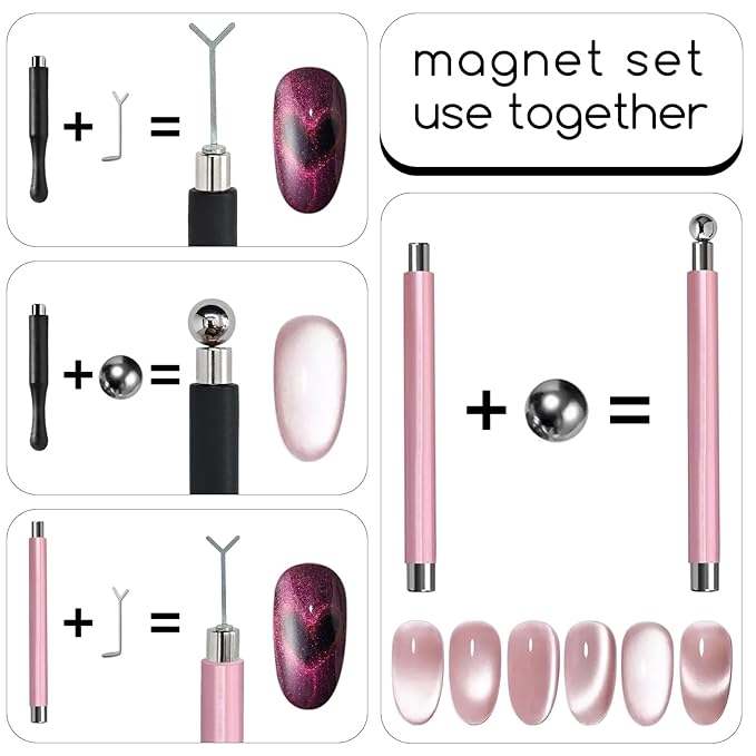 14Pcs Cat Eye Magnet For Nails Magnet Tool Set With 2 Pcs Y-Shape Iron Molds, Double-Side Cylinder And Bead Cat Eye Gel Nail Polish Magnet For Nails Different Magnet Sticks Design Tools