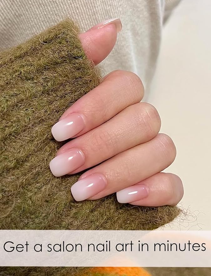 UV Gel Nail Stickers, Milky Ombre 20pcs Semi Cured Gel Nail Strips, Wraps for Home Manicure DIY