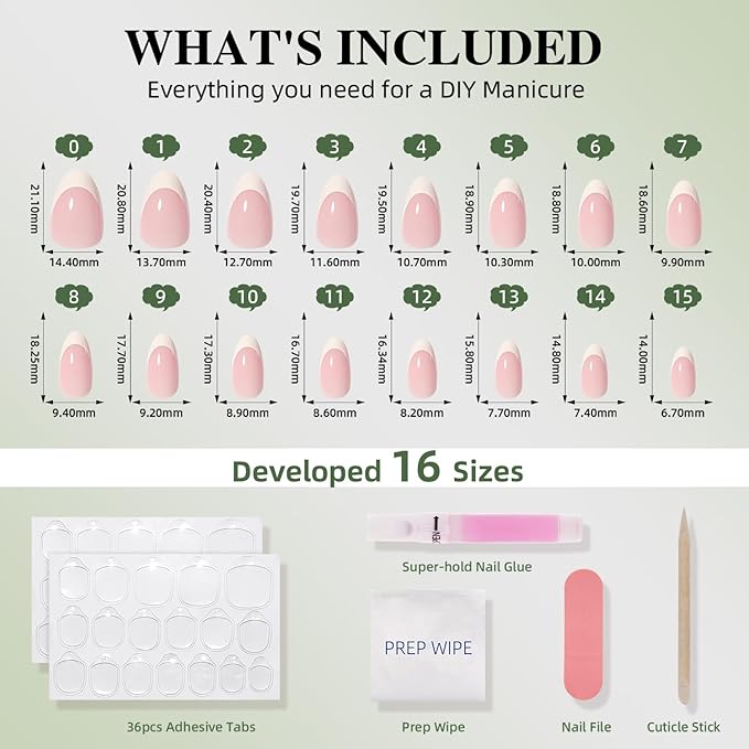 White French Tip Press On Nails - Pink Short Almond Fake Nails, White Press On Nails Reusable Stick On Nails in 16 Sizes, 32pcs False Nail Kit for Women & Girls