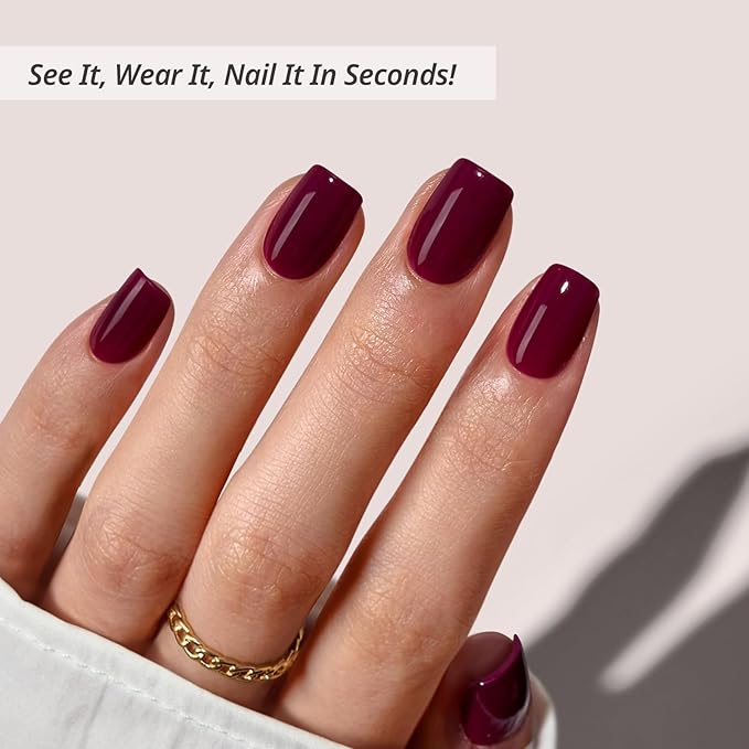 BTArtbox Press On Nails Short - Plum Red Squoval Press On Nails with Glue for Women, Opaque Soft Gel Glue On Nails in 15 Sizes - 30 Stick On Nails Kit, Blackberry