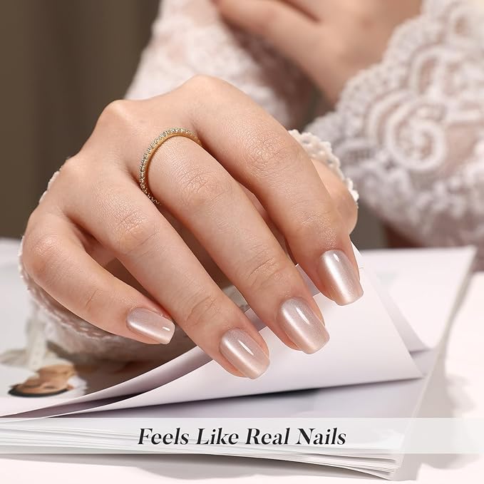 Cat Eye Nude Press on Nails Square - SHANGMENG Soft Gel Press on Nails Short for Women Gift, Fit Perfectly & Natural Stick on Nails with Glue in 16 Sizes - 32 Reusable Fake Nails, Light Nude