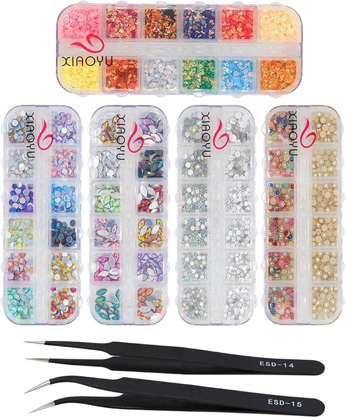 Xiaoyu 5 Boxes Nail Art Rhinestones Kit Nail Rhinestones Multicolor Nail Studs Horse Eye Rhinestones for Nail Art Decorations Supplies with 2PCS Tweezers, B