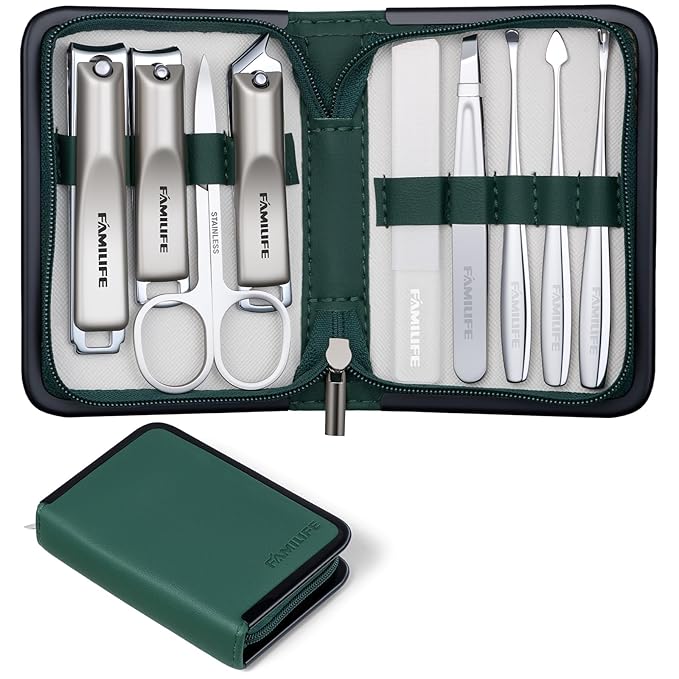 FAMILIFE Manicure Kit for Women, 9 Pcs Compact Carbon Steel Nail Grooming Kit with Case, Portable Green Travel Manicure Set for Home (Green)