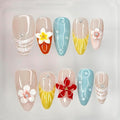 Luxury Press on Nails Medium Almond French Tip Handmade 3D Unique Reusable ABS Material Fake Nails Pastel False Nails with Designs Pearls Floral Art Petal Glossy Glue on Nails Thick Acrylic Nails(M)
