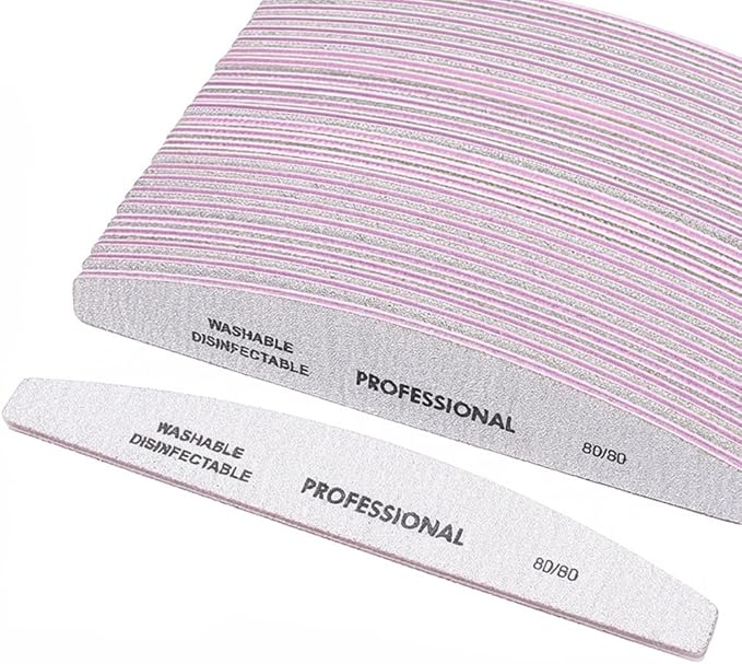 25PCS Professional Half Moon Emery Board Nail Files, 80/80 Grit Dual-Sided Buffer, Reusable Nail Filing Tools for Natural & Acrylic Nails, Home & Salon Manicure Supplies