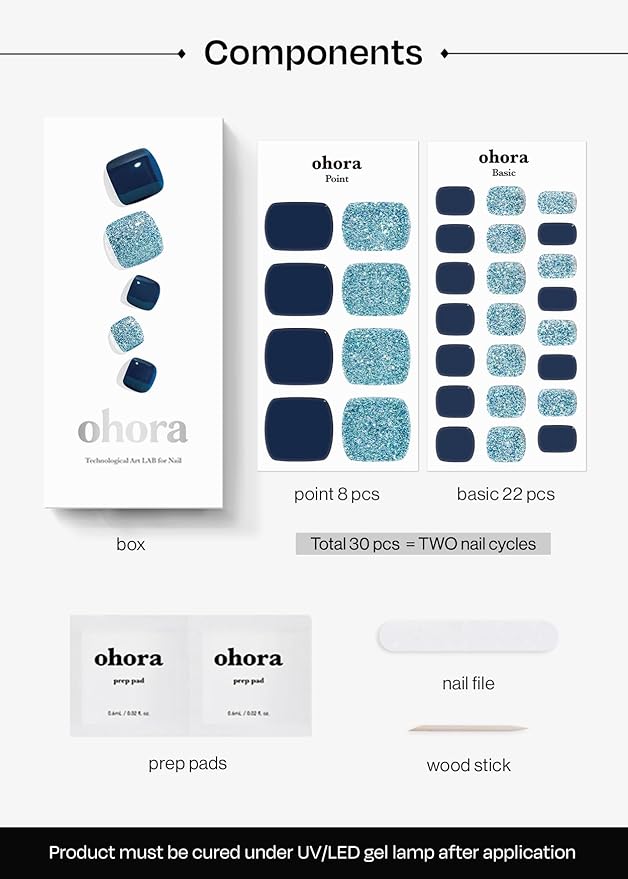 ohora Semi Cured Gel Pedi Strips (P Yunseul) - Works with Any Nail Lamps, Salon-Quality, Long Lasting, Easy to Apply & Remove - Includes 2 Prep Pads, Nail File & Wooden Stick, Large