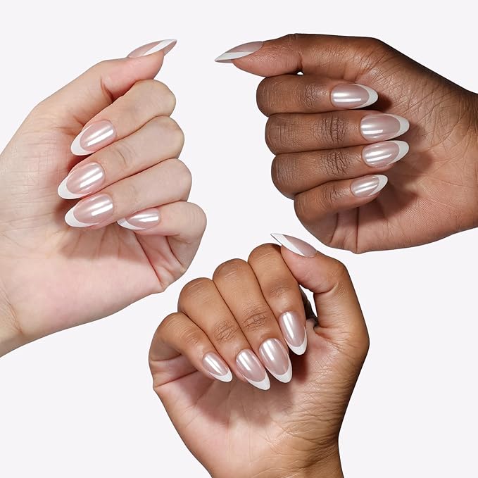 16 Size Chrome White French Tip Almond Press On Nails,32 Pcs Salon Quality Glossy Short Glue on Gel Nails (Chrome French White Tip)