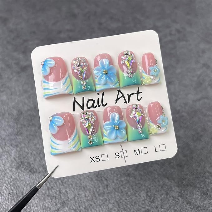 Luxury Handmade Press on Nails Medium Duck Nails with Glue,Light Green French False Nails with Blue 3D Flower Art Design Muti-Layer Gel Thick False Nails Handmade Nail for Women (Size S)