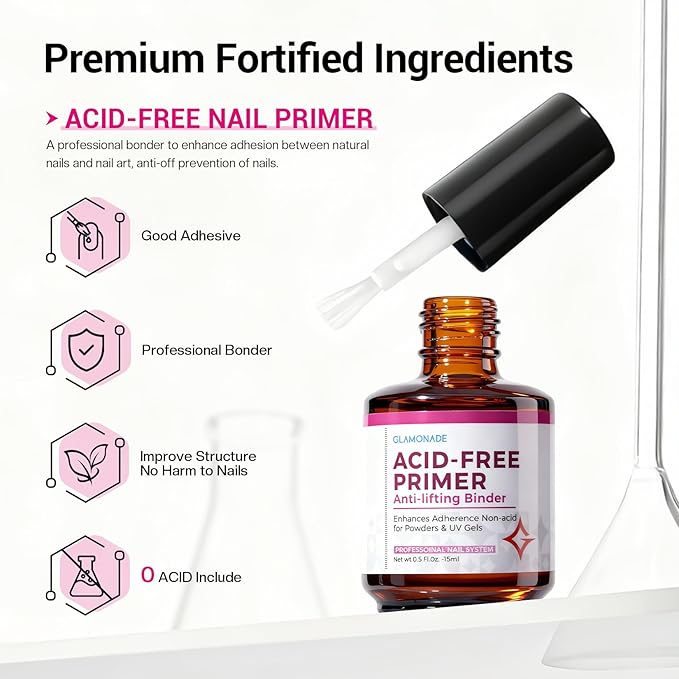 Acid Free Nail Primer: 15ml No Lift Bond Nails Prep Primer for Acrylic/Gel Polish Professional Nail Supplies Set