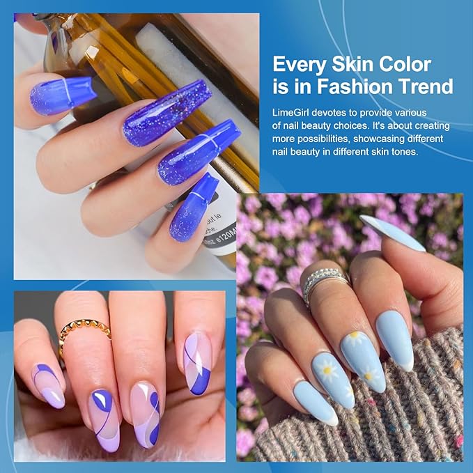 LimeGirl Gel Nail Polish Kit with U V Light, 23PCS Starter Kit with 7 Colors, Royal Blue/Glitter Navy Blue/Purple/Sunset Orange Seaside Color Collection, Salon-Grade LED Nail Lamp & Gel Polish Set
