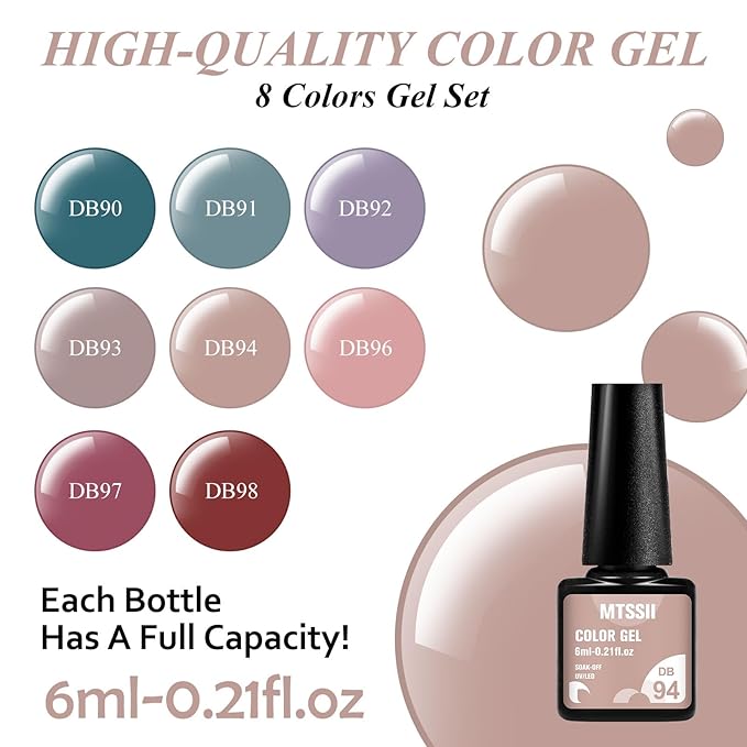 MTSSII Gel Nail Polish Set, 8 Colors Fall Nude Blue Green Pink Ped Purple Soak Off Gel Polish Kit for Salon and Nail Art DIY at Home