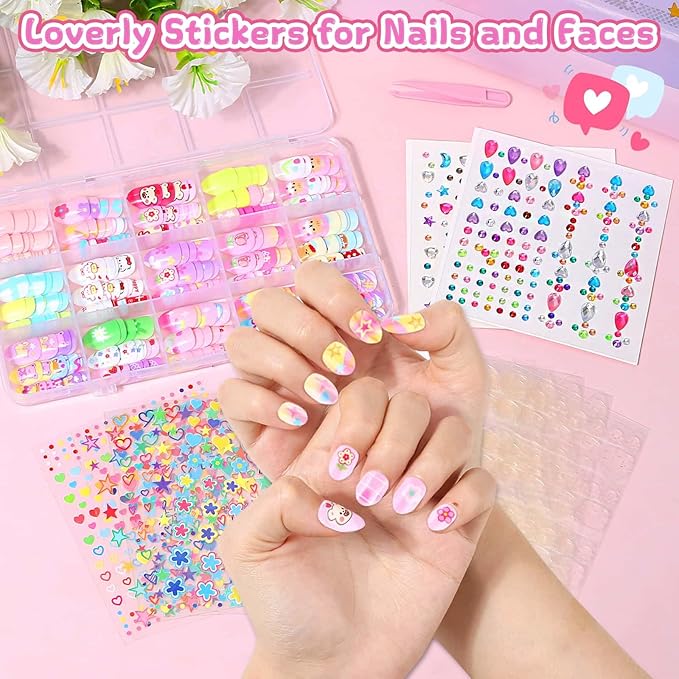 Press On Nails for Kids, 360 Pcs Almond Fake Nails for Girls, Heart Flower Nail Stickers, 3D Rhinestone Stickers Face Gems, Nail Art Kit for Girls Gift 8-12