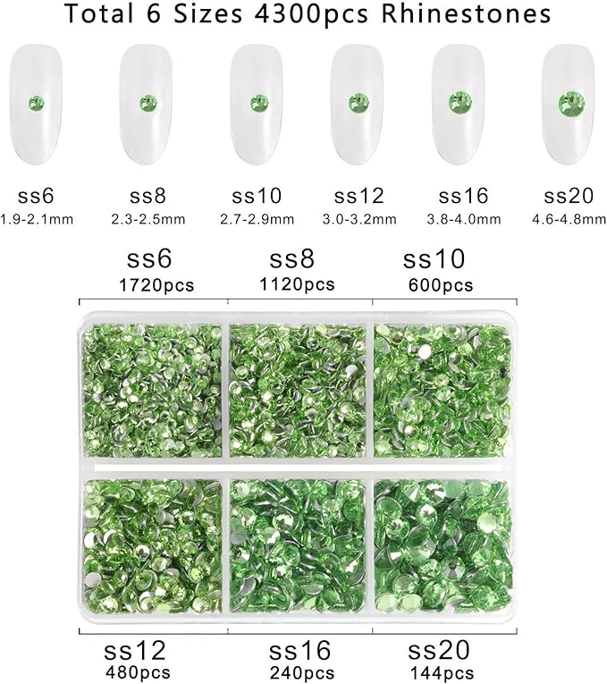 Beadsland 4300pcs Flatback Rhinestones, Light Green Nail Gems Round Crystal Rhinestones for Crafts, Mixed 6 Sizes with Picking Tweezers and Wax Pencil Kit, SS6-SS20, Peridot/Light Green
