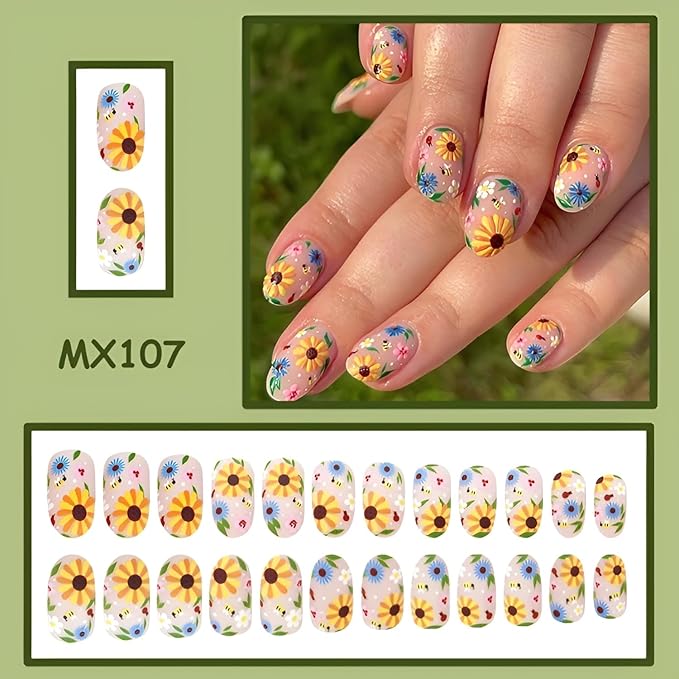 24Pcs Flower Fake Nails Short Almond Press on Nails Colorful Floral Nails Press Ons Summer Spring False Nails Matte Full Cover Glue on Nail DIY Acrylic Stick on Nail for Women Decorations Set