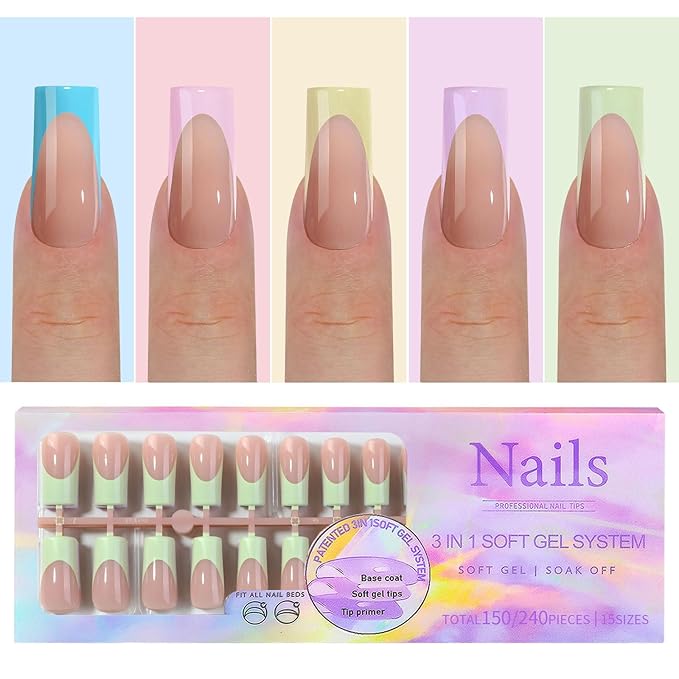 5-Color French Tip Press On Nails - 150Pcs Soft Gel Nail Tips,Short Press On Nails Square, Super Fit & Long Lasting,Soak Off Acrylic False Nail Extension in 15 Sizes (Multicolor 01)