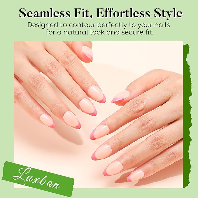 Luxbon French Tip Press On Acrylic False Nails Short Almond with No-Cure Nail Glue and Tool Kit – Glue On Nails Soft Gel Tips 25-30pcs Full Size Set, Reusable Fake Nails for Women, Hot Pink