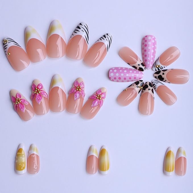 Press on Nails Medium Almond Fake Nails Pink French Artificial Nail 3D Flowers Stick on Nail for Women 24pcs