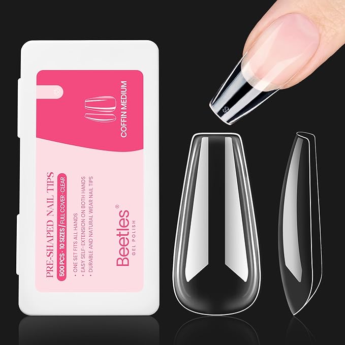 Beetles Gel Nail Tips 500Pcs Medium Coffin Pre Shaped Clear Full Cover False Nails Press on for Gel Art Polish Soak Off Lamp Easy Nail Extensions Acrylic