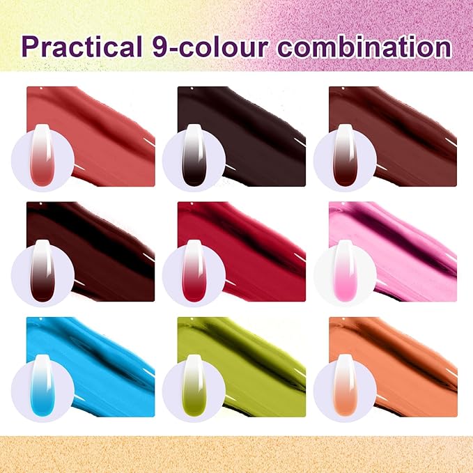 Gradient Gel Nail Set, 9 Colors Almond Ombre Gel Nail Polish with 6 Aurora Multi-Purpose Brushes for Pigment Pat Nails French Manicure Nail DIY Painting Soak Off UV Canyon Bloom
