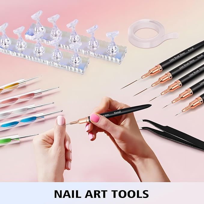 Metallic Nail Art Brushes 5pcs, Nail Holder for Painting Nails, Liner Brush, 5pcs Nail Dotting Tool, Nail Stand, Nail Art Tools for Home DIY & Salon Nail Art Design