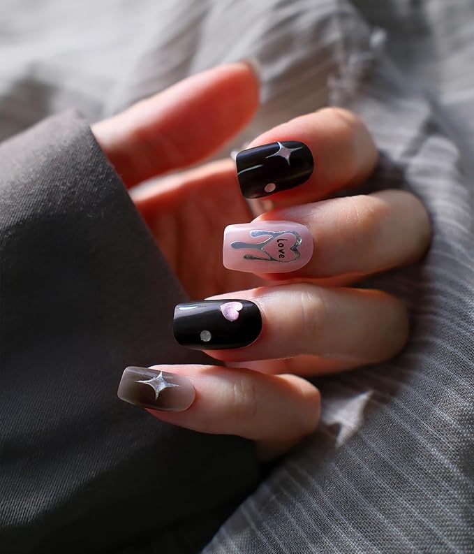 Nail Polish Strips (No UV Lamp Needed) - 22 Pcs Salon Quality Gel Nail Stickers - Long Lasting Wraps (Heartbeat on Black)