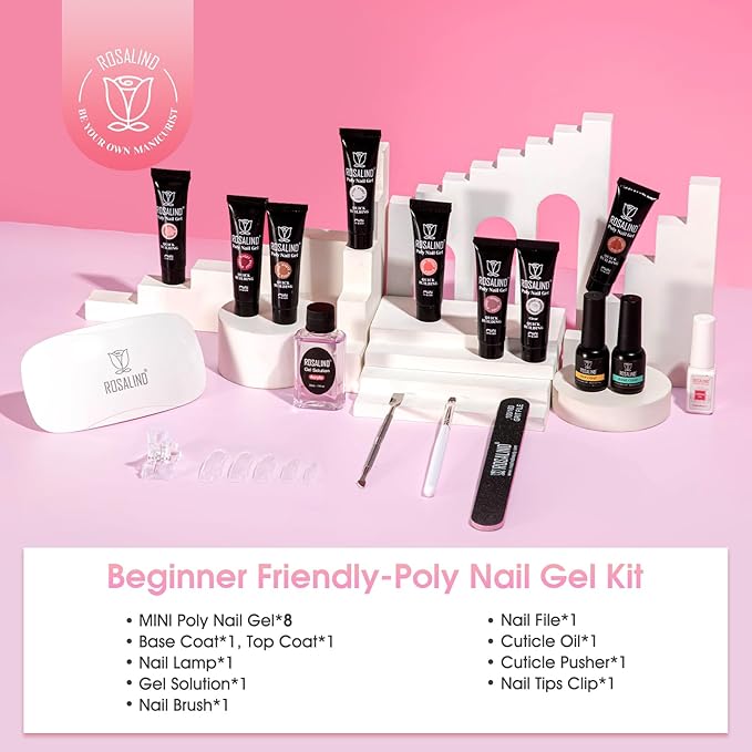 ROSALIND Poly Nail Gel Kit -8 Colors + White Brown Accessories Clear Nude Christmas Poly Nails Gel Starter Kit With Slip Solution Nude Pink Extensions Set with Mini UV Lamp