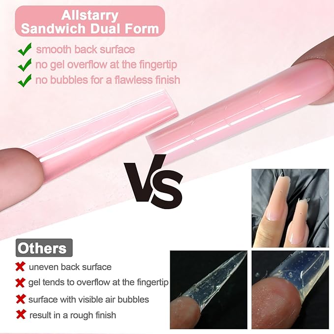 Allstarry Sandwich Dual Nail Forms, Reusable Sandwich Dual Forms 240pcs 15 Sizes Square Nail Extensions Plastic Poly Gel Nails Forms for Builder Gel No Paper Forms Needed Moldes Dual Nails Molds