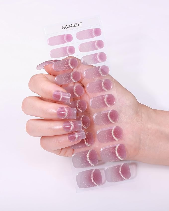 Semi Cured Gel Nail Strips - 20pcs Glaze Gel Stickers, Salon Quality DIY Wraps, Easy to Apply, UV Light Required