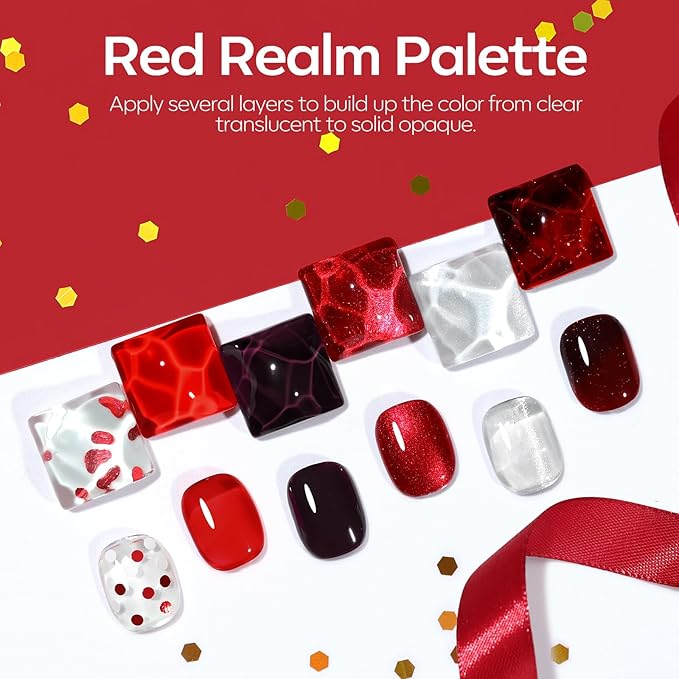 modelones Red Gel Nail Polish Set, 6 Colors 2026 Burgundy Bloody Wine Dark Red Jelly Pearl Glitter Gel Polish Silver Cat Eye Nail Polish with Liner Pen& Magnet& Wooden Stick LED Gift