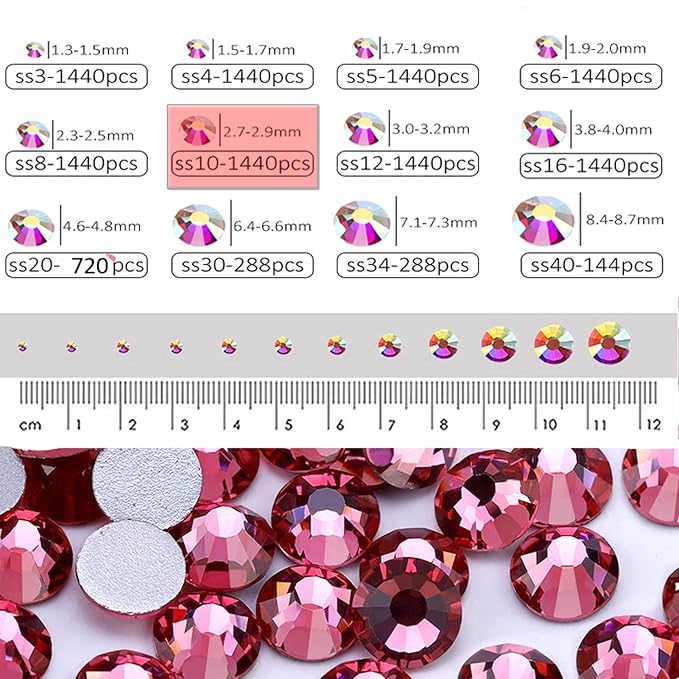 Dowarm 1440 Pieces SS10 Flatback Crystal Rhinestones for Craft Nails Dance Costumes, Flat Back Nail Crystals, Non Hotfix Rhinestones (SS10 / 2.8MM, Rose)