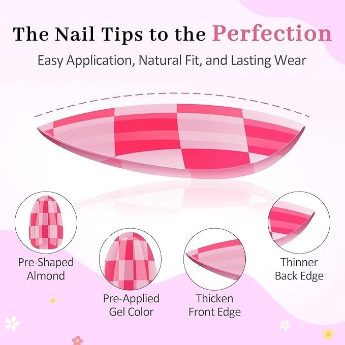 16 Sizes Press on Nails Kit for Kids - 32 Pieces French Almond Fake Nail Tips for Girls 8-12 Years Old with Jelly Nail Adhesives & No-Lamp Nail Glue, Birthday Easter Gifts (Rose Pink Grid)
