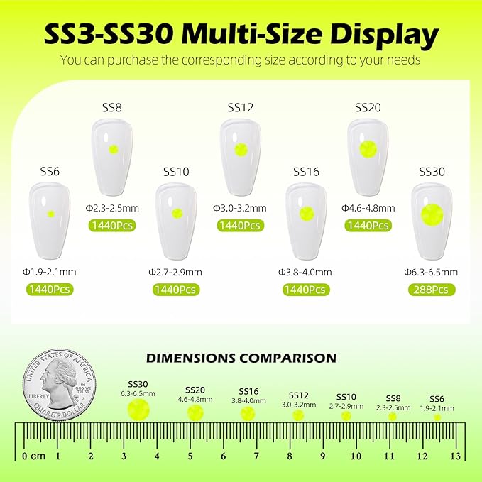 Neon Yellow Flatback Rhinestones, Glass Rhinestones for Nail Art and Craft, Glue Fix, Loose Crystal Gemstones(Neon Yellow, SS12, 1440pcs, 2.9-3.0mm)