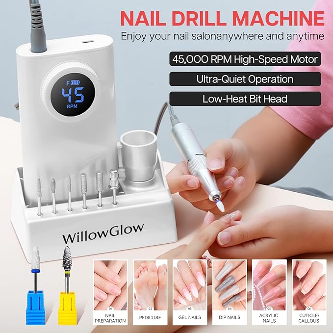Professional Nail Drill with Charging Dock & Ceramic/Tungsten Bits, 45000RPM Stepless Speed Cordless Efile for Fast Acrylic Gel Removal, Electric Nail File Machine for Home Salon Use (White)