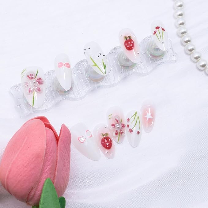 30Pcs Cute Press on Nails Medium Almond Fake Nails 3D Pearl Design Pink Flower Glue on Nails Easter Acrylic Nails Bunny False Nails Star Strawberry Bow Artificial Stick on Nails for Women Manicure