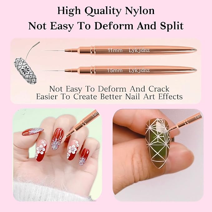 5pcs Nail Art Liner Brushes,Liner Brush For Nails Gel,Painting Art Design Brush Set Nail Dotting Drawing Tool For Long Lines, Thin Details, Fine Drawing Sizes 7/9/11/15/25mm（Rose Golden）
