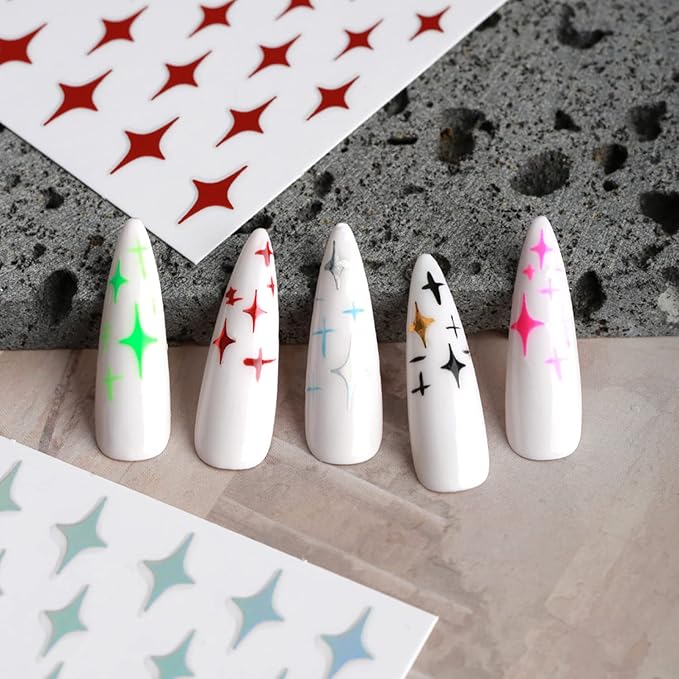 12 Colors Stars Nail Art Stickers, 3D Stars Self-Adhesive Sticker Design, Laser Gold Silver Red Black White Pink Yellow Green Four-Pointed Star Nail Transfer Decals for Women Manicure Decorations