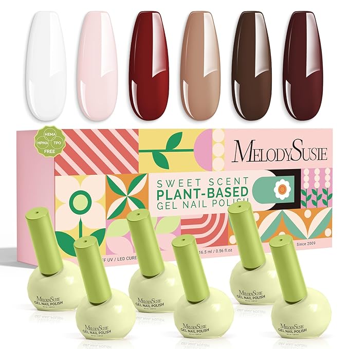 MelodySusie Highly Pigmented Gel Nail Polish Set, 0.56 fl.oz Tilt-and-Stand Bottle, HEMA Free Plant-Based Formula, 6 Colors Macarons, Soak Off UV LED Manicure Kit Gift Box(Mocha, Brown, Dark Red)