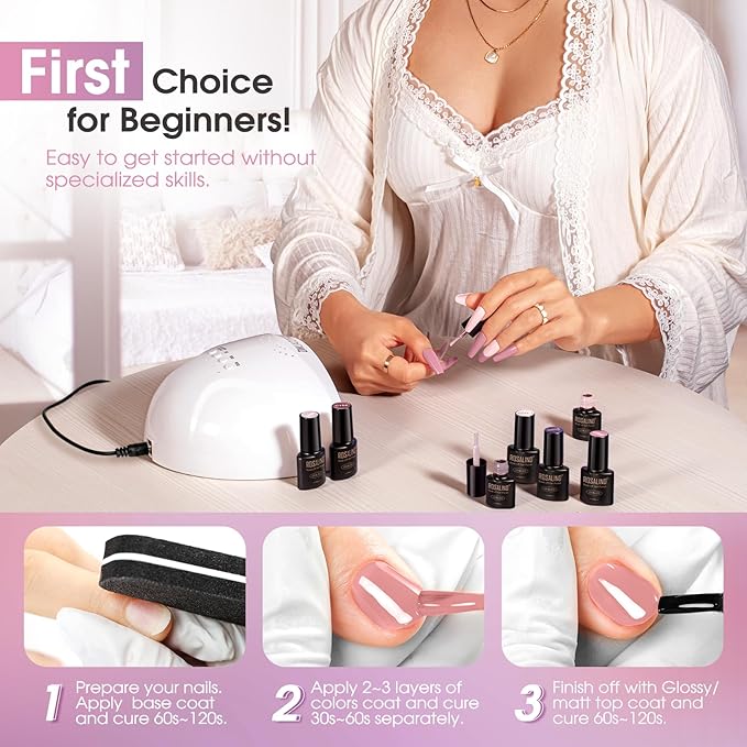 ROSALIND Gel Nail Polish Set, 8 Colors Pink Purple Glitter Gel Polish, Gentle Pink Elegant Purple Classic Gel Polish Collection Nail Art Gift DIY at Home