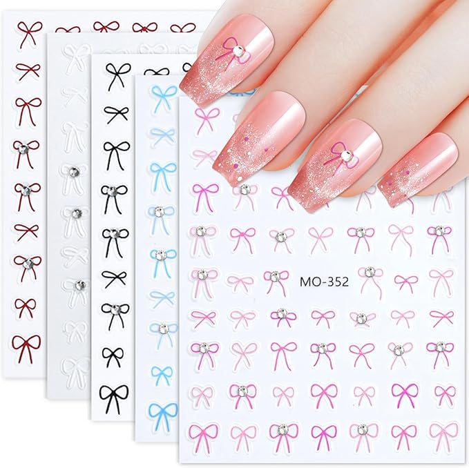 5 Sheets Bow Nail Sticker 3D Embossed Self-Adhesive Color Bow Art Nails Decals 5D Design Stickers Supplies for Women Girls Manicure Decoration 807-19