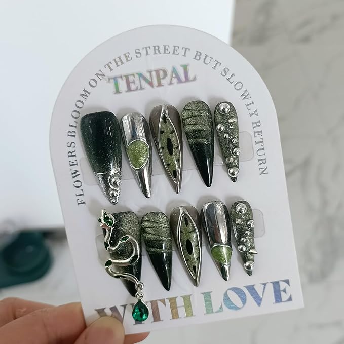 Punk Metal Press on Nails Long Stiletto,Black Silver Cat Eye Fake Nails with 3D Snake Gems, Acrylic Soft Gel Handmade False Nails with Rhinestone Steel Ball,Gothic Glue on Nails 10pcs(L)