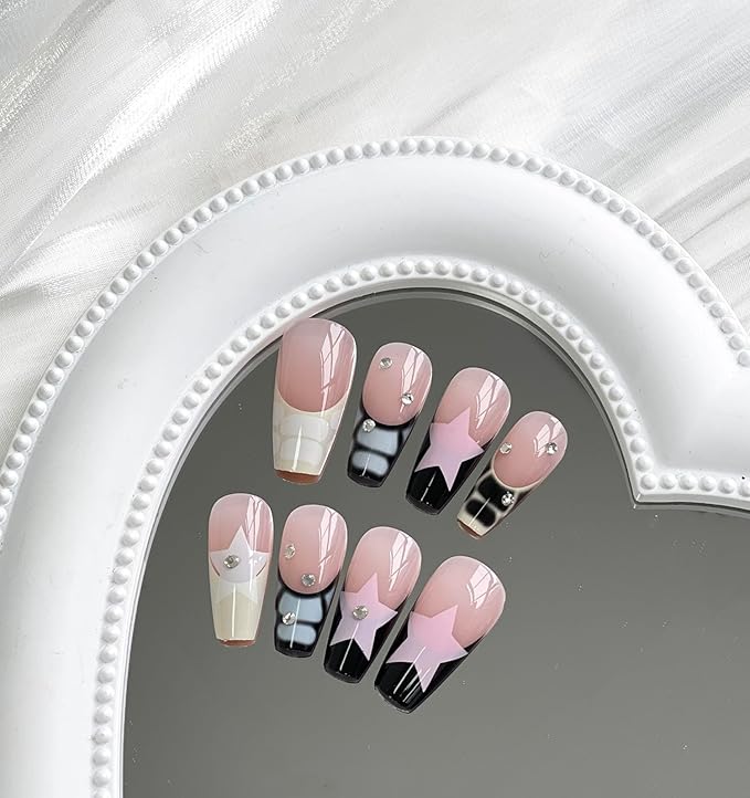 Press on Nails Long Coffin MABKJLF French Tip Fake Nails Nude Full Cover Y2K Press on Nails White Pink Star False Nails with Designs Rhinestone Glossy Manicure Glue on Nails for Women Girls 24Pcs